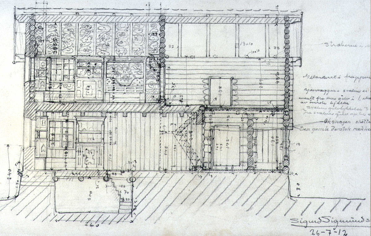 Sigurd Sigmundsøns tegning (1912) av lengdesnitt på stuebygning, Ramberg, Heddal, Notodden,Telemark. 