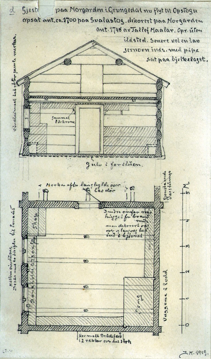 Johan J. Meyers tegninger (1919-1921) av div. bygningsdetaljer på forskjellige gårder i Vinje, Telemark.

1 a) Plantegning av gamlestuen, nedtatt 1799 og delvis brukt i låven, Loftsgarden, Vinje, Telemark.
1 b) Gamlestuen på Groven, Vinje, Telemark.
2. Hovedbygningen, oppsatt ca. 1800, Groven, Vinje, Telemark.
3. Gjestestue, Norgarden, Vinje, Telemark.
4. Hovedbygning, Botne, Vinje, Telemark. Stuen bygd ca. 1700, andre etg. påbygd 1802.
5. Peis, Gugarden, Vinje, Telemark.
6. Plantegning av gjestestue og stue, Gardsjord, Rauland, Telemark.
7 og 8. Plantegning av stue, datert 1747, Edland, Vinje, Telemark.
