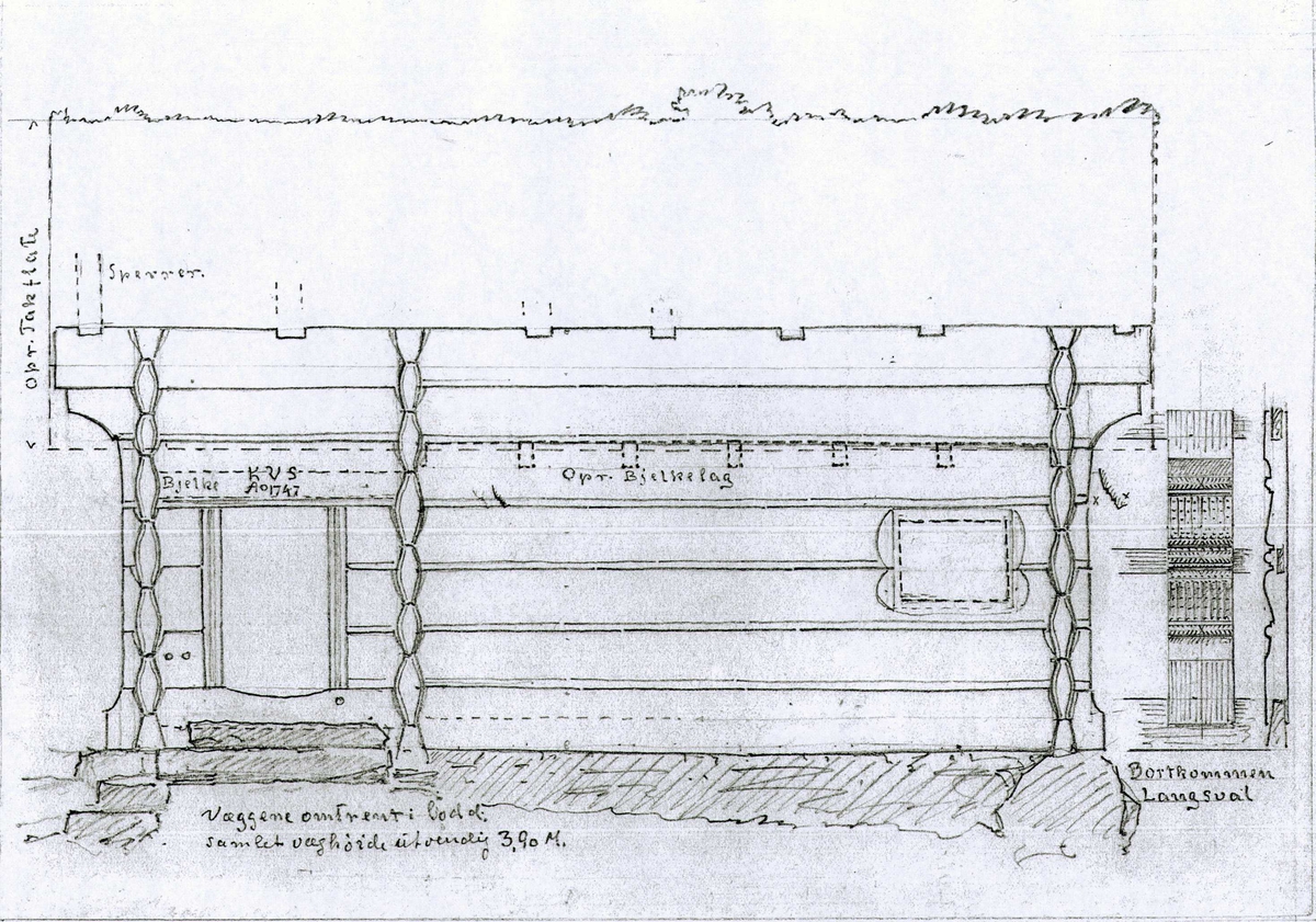Johan J. Meyers tegninger (1919-1921) av div. bygningsdetaljer på forskjellige gårder i Vinje, Telemark.

1 a) Plantegning av gamlestuen, nedtatt 1799 og delvis brukt i låven, Loftsgarden, Vinje, Telemark.
1 b) Gamlestuen på Groven, Vinje, Telemark.
2. Hovedbygningen, oppsatt ca. 1800, Groven, Vinje, Telemark.
3. Gjestestue, Norgarden, Vinje, Telemark.
4. Hovedbygning, Botne, Vinje, Telemark. Stuen bygd ca. 1700, andre etg. påbygd 1802.
5. Peis, Gugarden, Vinje, Telemark.
6. Plantegning av gjestestue og stue, Gardsjord, Rauland, Telemark.
7 og 8. Plantegning av stue, datert 1747, Edland, Vinje, Telemark.