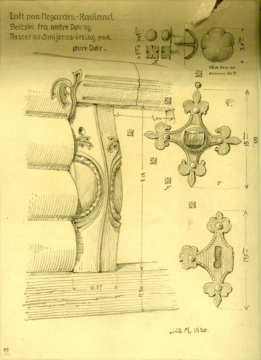 Johan J. Meyers tegninger (1920-1921) av diverse  bygningsdetaljer på forskjellige gårder i Vinje, Rauland, Telemark. 
1. Oversikt over alle tegningene.
2-3. Detaljer fra loft, Negarden, Vinje, Telemark.
4. Detaljer fra loft, Nystog, Rauland, Vinje, Telemark.
5. Detaljer fra loft, Berge, Rauland, Vinje, Telemark.
6-7. Detaljer fra loft, Midtgarden, Rauland, Vinje, Telemark.