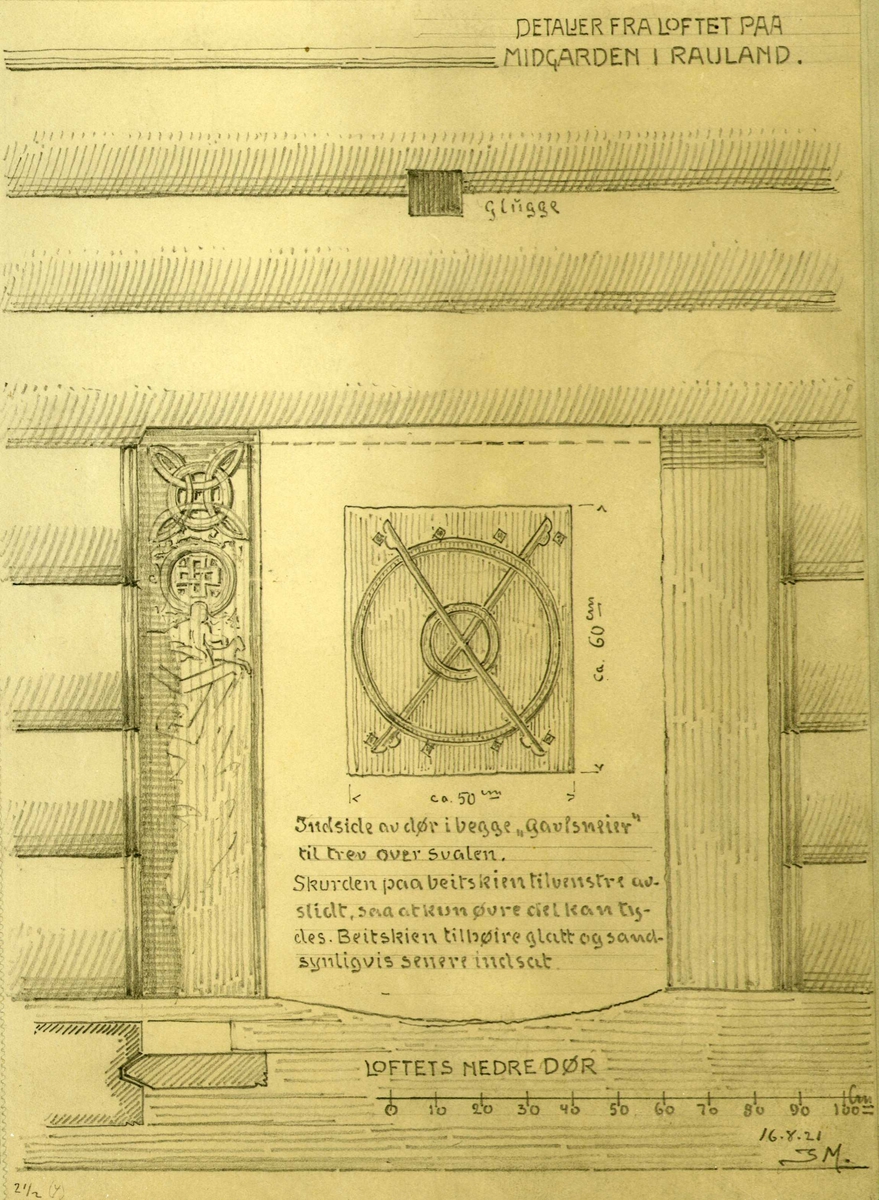 Johan J. Meyers tegninger (1920-1921) av diverse  bygningsdetaljer på forskjellige gårder i Vinje, Rauland, Telemark. 
1. Oversikt over alle tegningene.
2-3. Detaljer fra loft, Negarden, Vinje, Telemark.
4. Detaljer fra loft, Nystog, Rauland, Vinje, Telemark.
5. Detaljer fra loft, Berge, Rauland, Vinje, Telemark.
6-7. Detaljer fra loft, Midtgarden, Rauland, Vinje, Telemark.