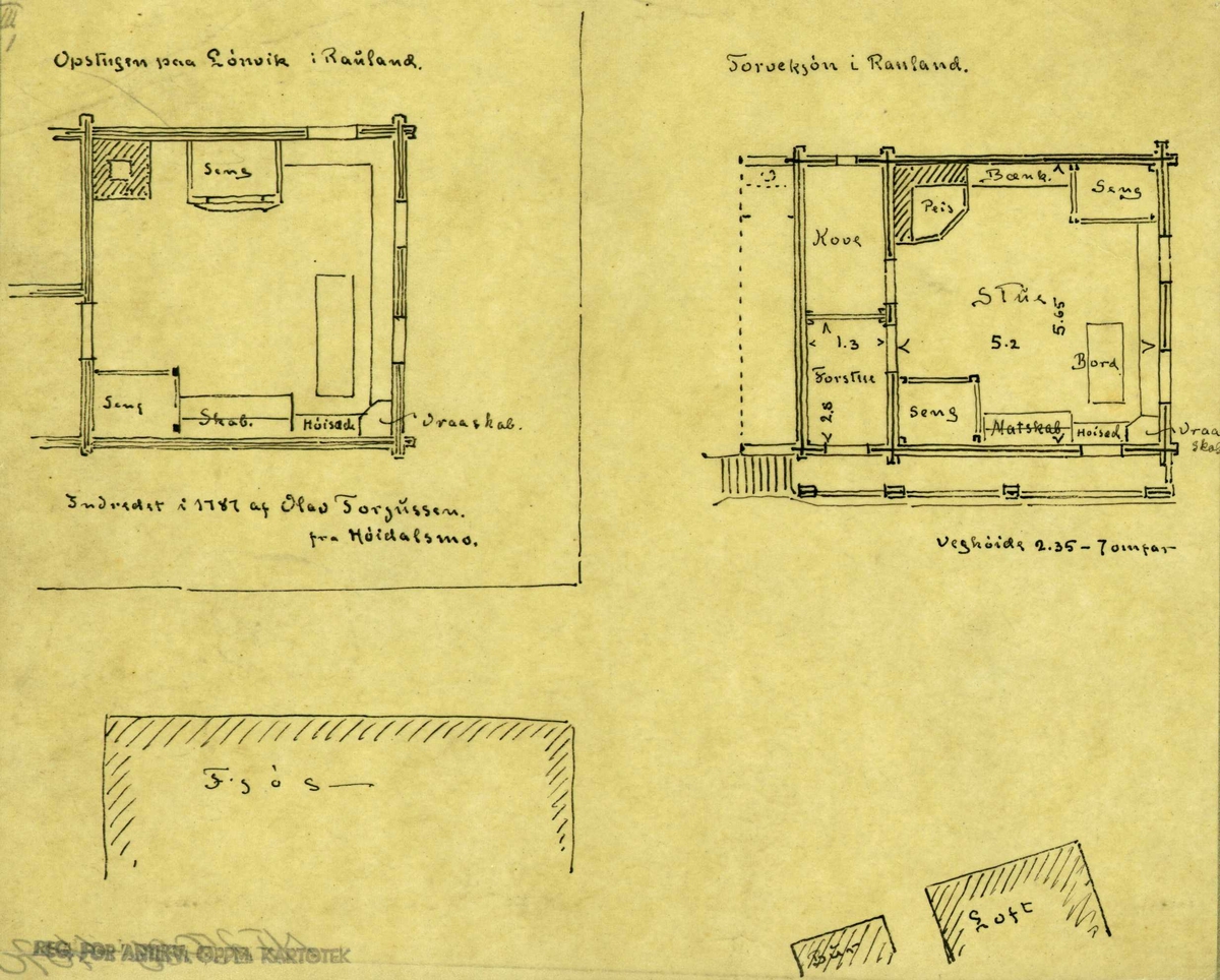 Tegning av grunnplaner av stue innredet 1787 av Olav Torjusson, Lognvik, samt av stue, Torvetjønn,  begge Vinje, Telemark.