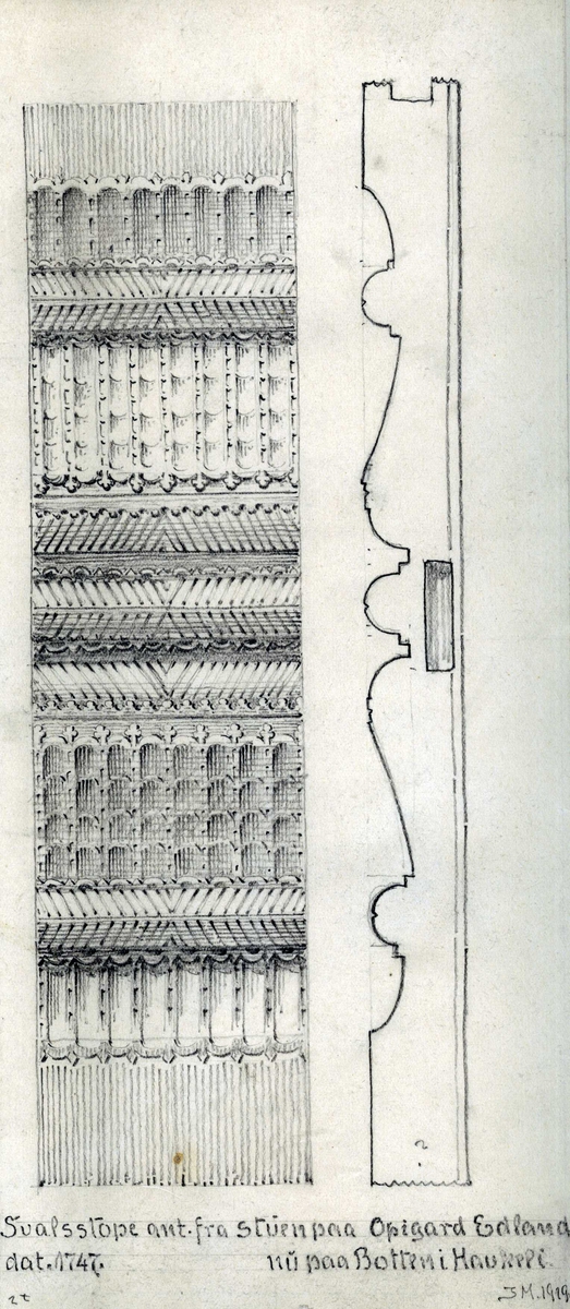 Johan J. Meyers tegninger (1919) av div. svalstolper på forskjellige gårder i  Vinje, Telemark. 
1. Hjørne- og inngangsstolpe fra svalstuen, datert 1714,  Øygarden, Rauland, Vinje, Telemark.
2. Svalstolpe, datert 1747,  Botten, Vinje, Telemark. Ant. fra stuen på Opigard, Vinje, Telemark.
3. Svalstolpe, Midtgarden, Rauland, Vinje, Telemark.