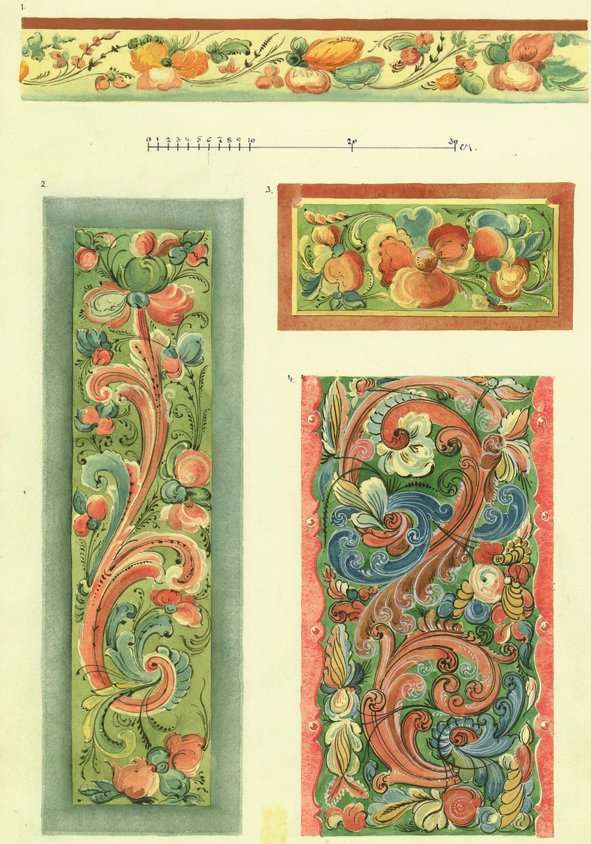 Johan J. Meyers akvarell (1907) av rosemaling, Skoje, Sauland, Hjartdal, Telemark. Malt i 1846 av Jon Sandviken fra Tinn (1-3) og i 1869 av Ole T. Luraas (4).

