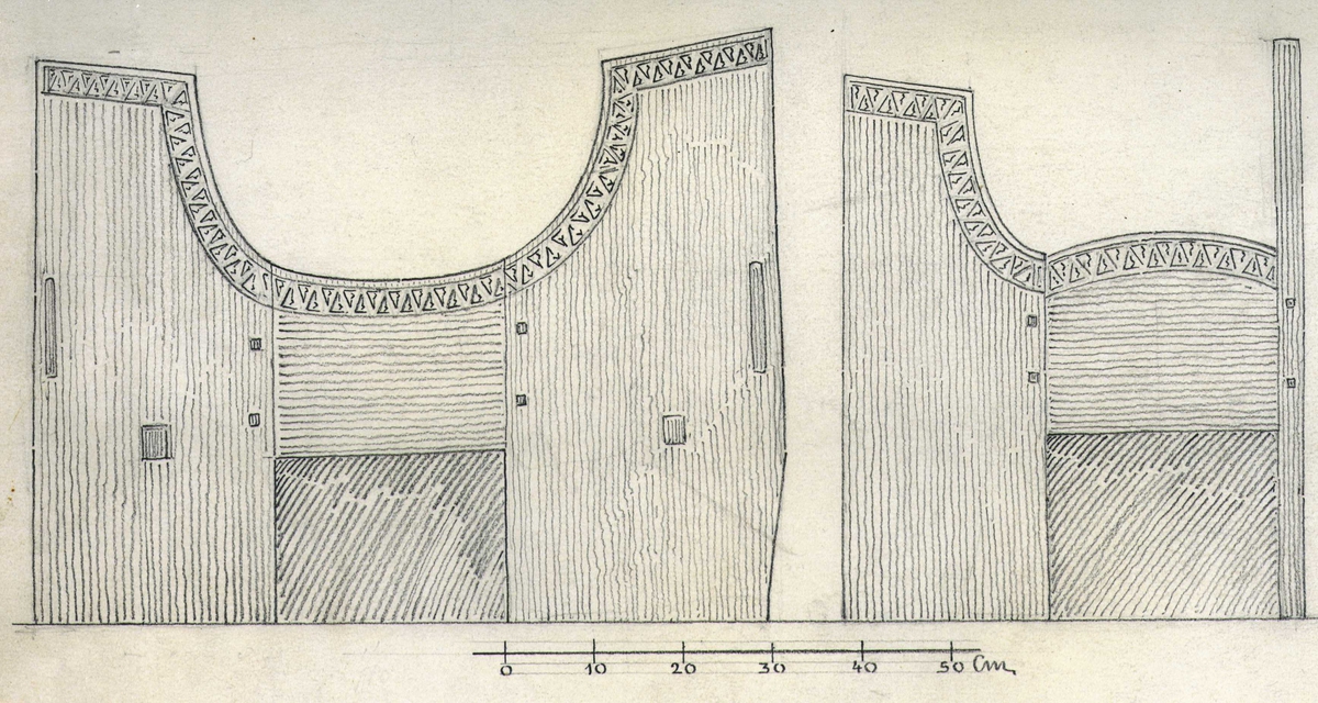 Johan J. Meyers tegning (1922) av 
1-2.Bord datert 1736, fra Midtgarden, Nedre Birtedalen, Fyresdal, Telemark. 
3-4.Seng fra loft, Tovslid, Fyresdal, Telemark. 

