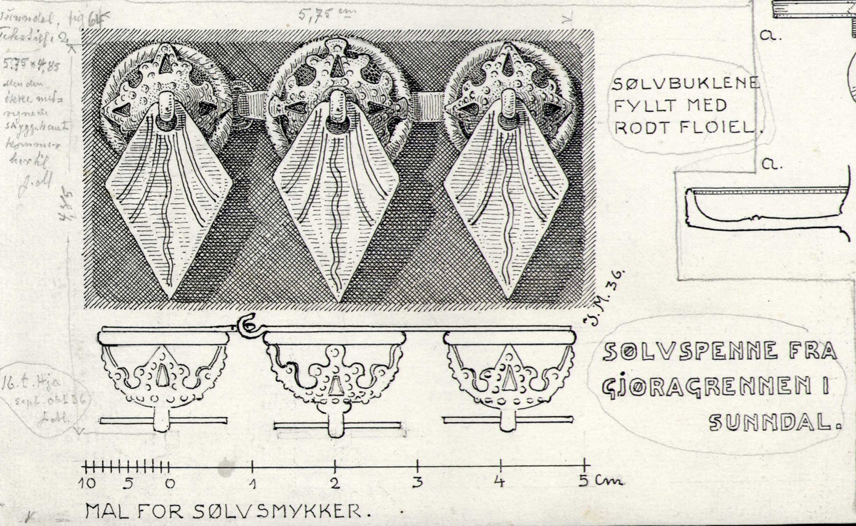 Johan J. Meyers tegning (1936) av : 1. Lysestake i messing, Øvre Nisja, Sunndal, Møre og Romsdal. 2. Sølvspenne, Gravem, Sunndal, Møre og Romsdal. 3. Sølvspenne, Gjøragrennen, Sunndal, Møre og Romsdal.