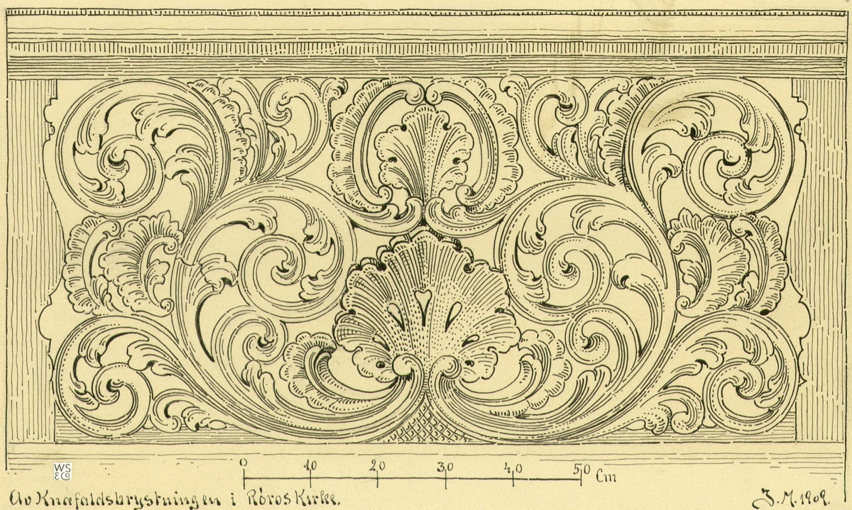 Johan J. Meyers tegning (1909) av detalj fra alterring, Røros kirke, Røros, Sør-Trøndelag. 