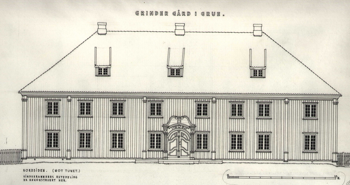 Erling Gjones tegning av fasaden mot nord, Grinder, Grue, Hedmark. Oppmålt 1935.