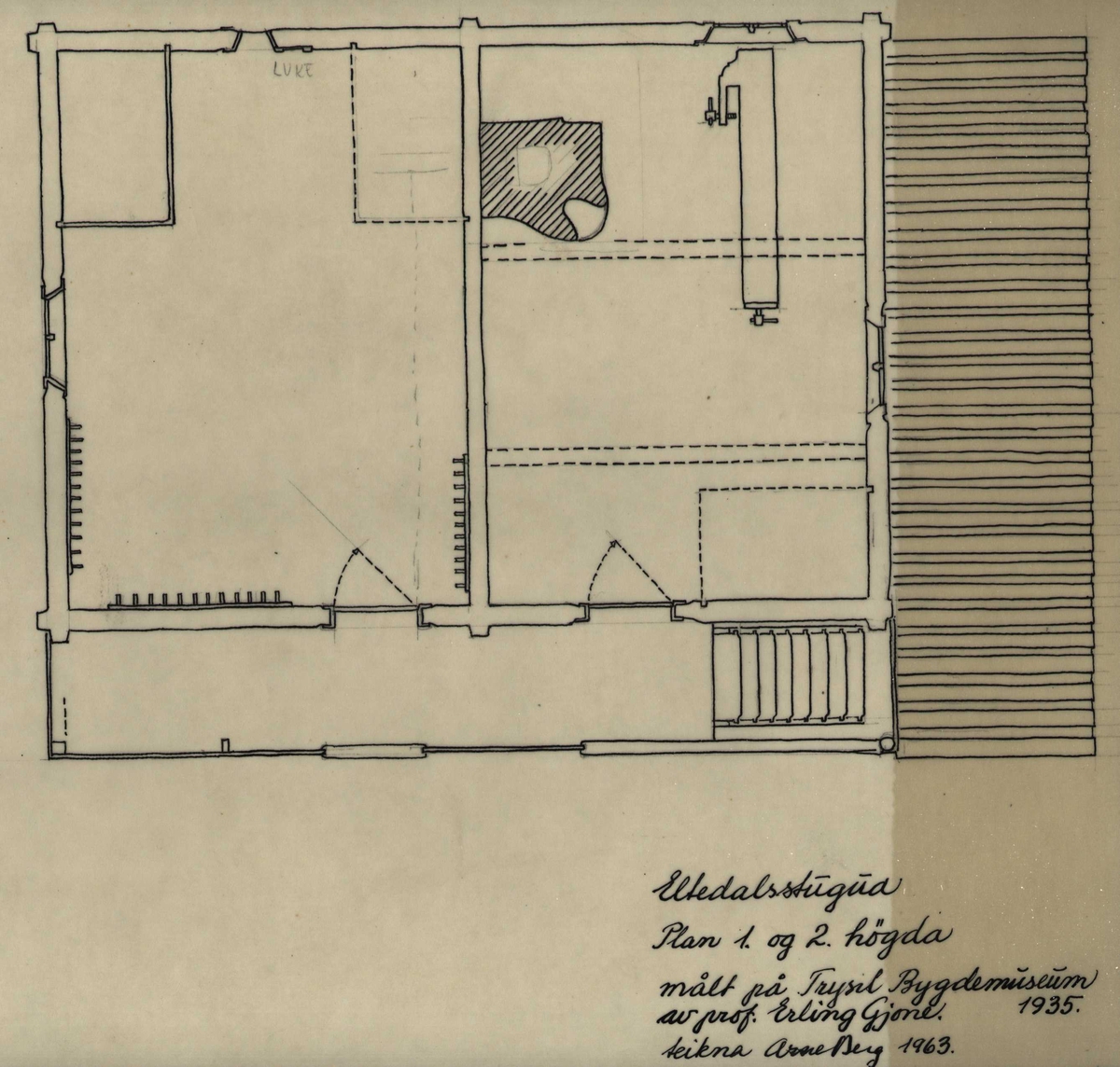 Arne Bergs plantegning (1963) av stue, 1. og 2. etg., etter oppmåling av Erling Gjone i 1935, Eltdalen, Trysil, Hedmark. Nå på Trysil Bygdetun.