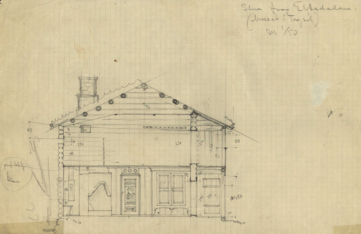Erling Gjones forarbeid (1935) til oppmåling av stue fra Eltdalen, Trysil, Hedmark. Nå på Glomdalsmuseet.