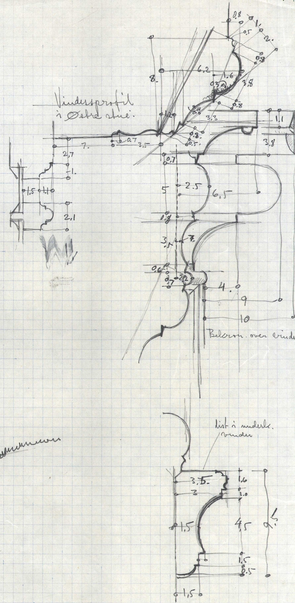Erling Gjones tegning (1935) av hovedbygningens østside og vindusprofiler i østre stue, Gravaune, Lønset, Oppdal, Sør-Trøndelag. 