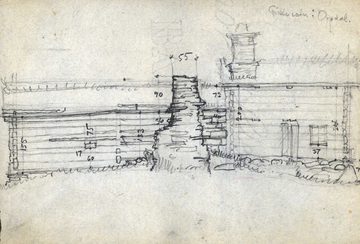 Tegning av seterbygning, Grøtsætra, Gjevillvatnet, Oppdal, Sør-Trøndelag. 