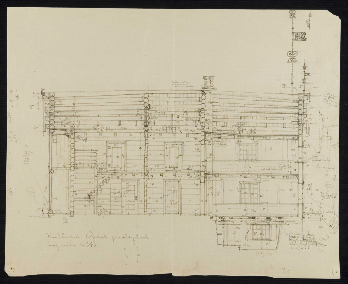 Oppmålingstegning av langsnitt, "Raulånna", Oppdal prestegård, Oppdal, Sør-Trøndelag.