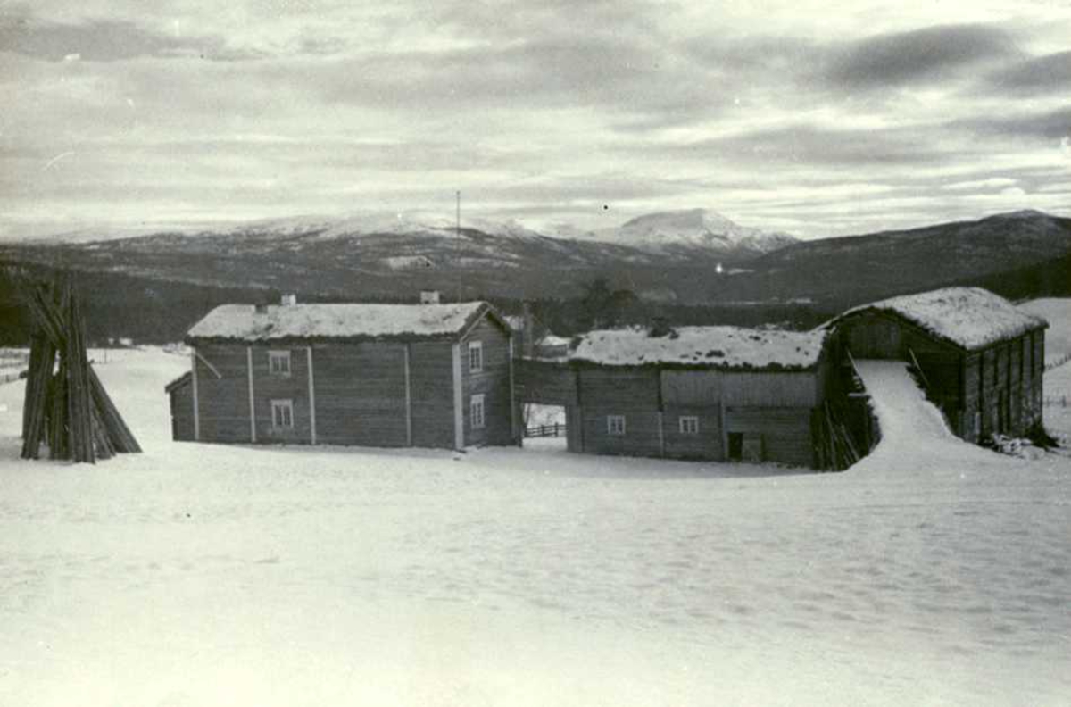 Trøen, Vingelen, Tolga, Hedmark. Gårdstun sett fra oversiden, med utsikt.