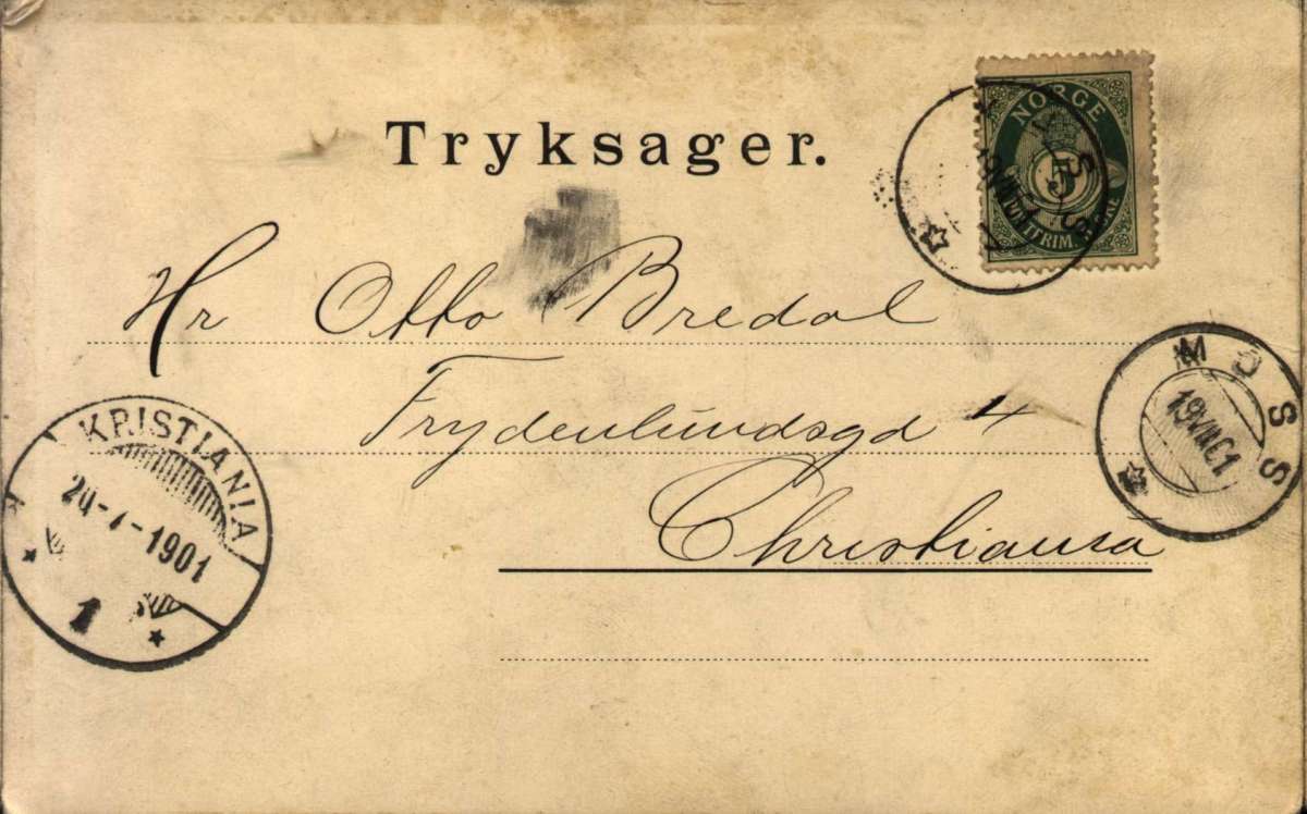 Postkort. Flere partier fra Moss. Dronningens gate, kanalen og Moss sette fra Jeløya. Datert 19.07.1901