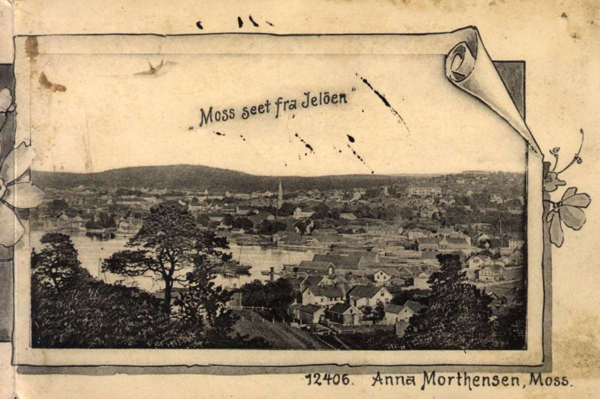 Postkort. Flere partier fra Moss. Dronningens gate, kanalen og Moss sette fra Jeløya. Datert 19.07.1901