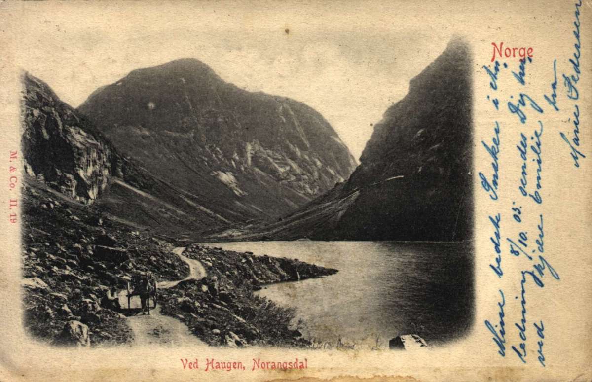 Postkort. Hest og kjerre kjøre langs et vann. Bratte fjell rundt. "Ved Haugen, Norangsdal". Stemplet 07.10.1905.