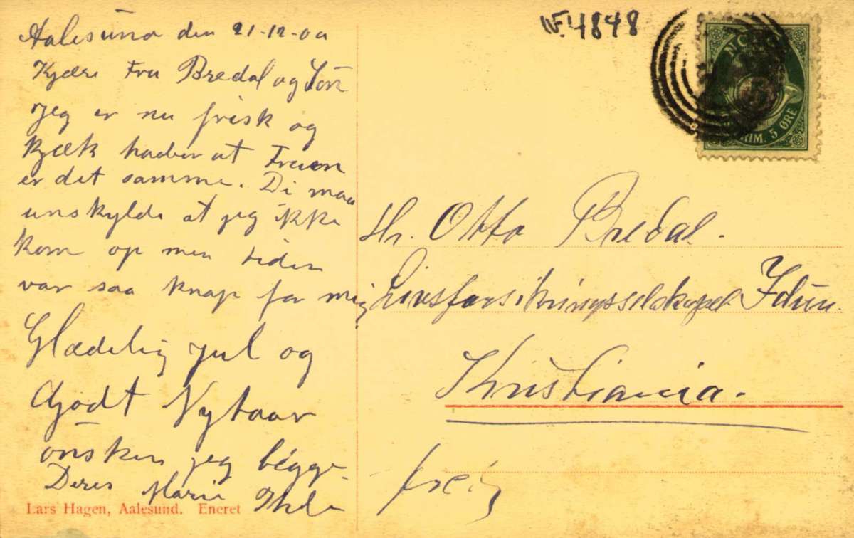 Postkort. Jule- og nyttårshilsen. Fotografisk motiv. Svart/hvitt. Ålesund Kirke. Datert 21.12.1909.