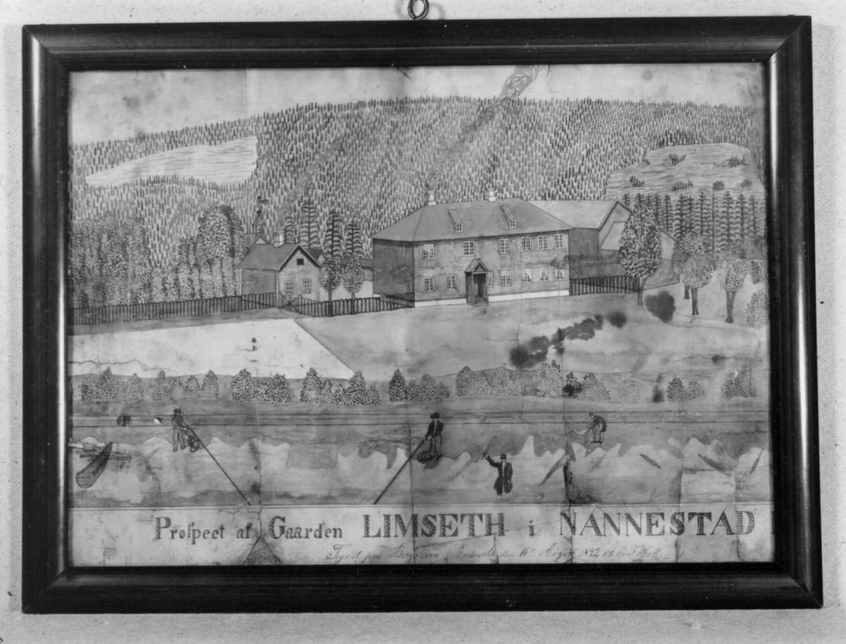 Limset, Nannestad, Akershus 1842. Avfotografert trykk i sort ramme av gården.