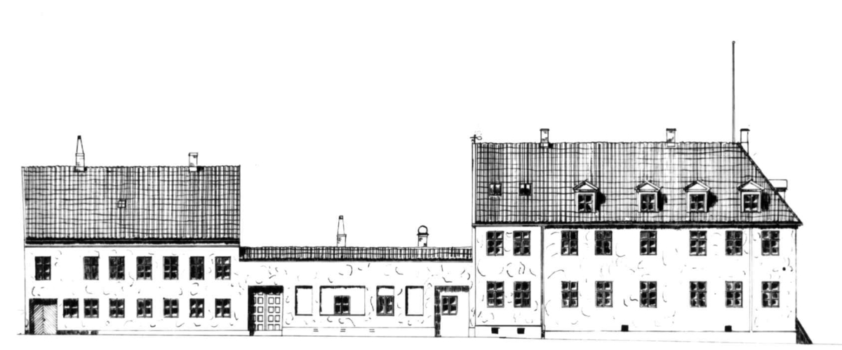 Dronningens gate 15, Oslo. Tegning av departementsgården ved oppmåling i 1917.