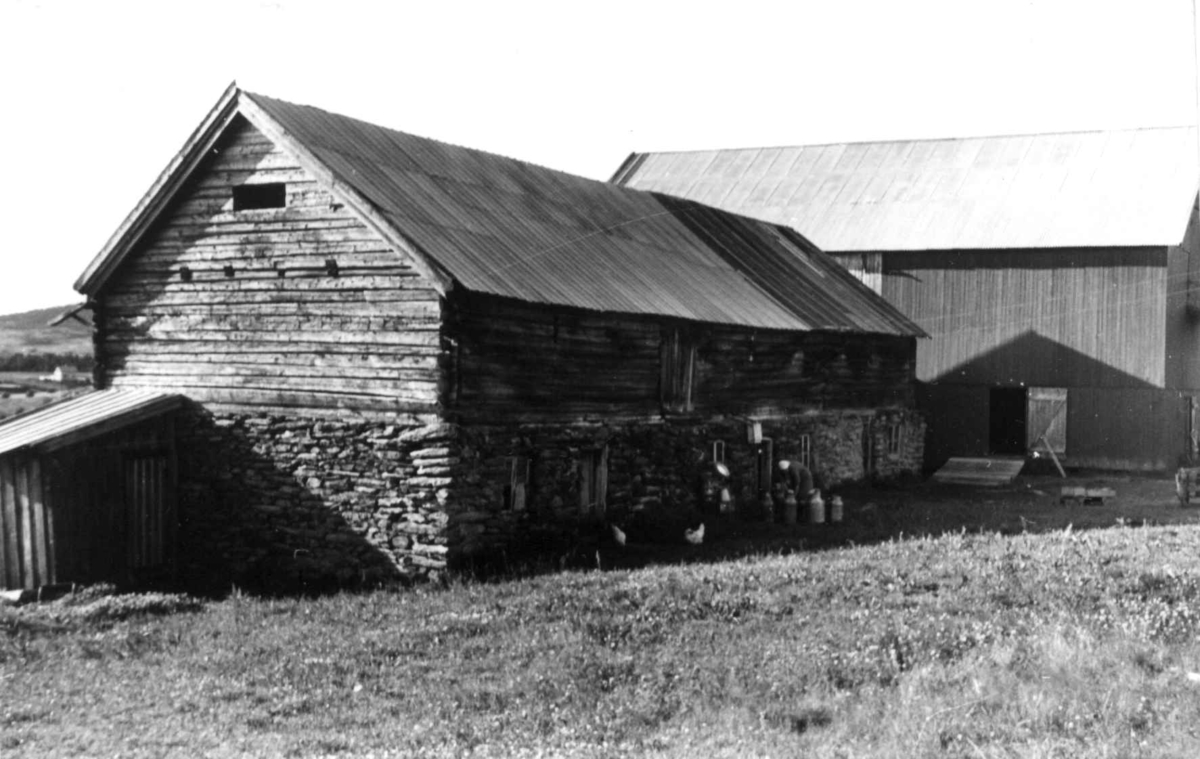 Fjøs på gården Solem i Klæbu, Sør-Trøndelag. Fra sørøst (tunet). Fotografert 1950.