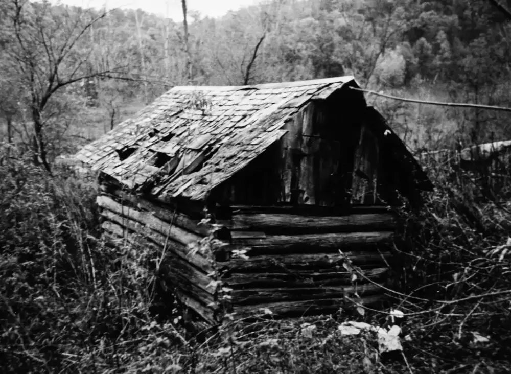 Liten, laftet bygning med flistak i dårlig stand, nedgrodd i kjerr og buskas. 