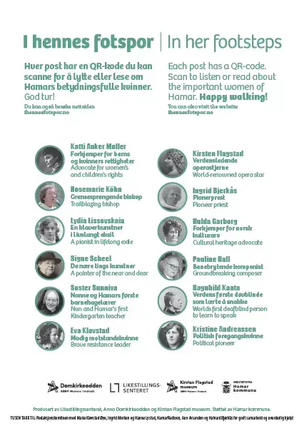 Fotokopi av brosjyren til Kvinnehistorisk vandring. Tekst med informasjon om vandringer