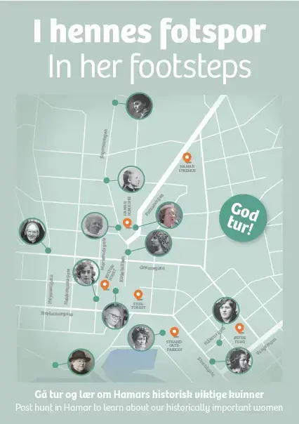 Fotokopi av brosjyren til Kvinnehistorisk vandring. Tittel "I hennes fotspor" med kart over løypa