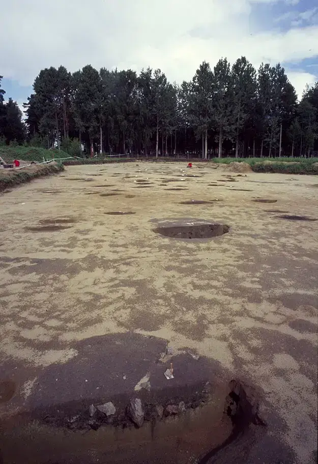 Arkeologisk utgravning av langhuset. Bildet viser stolpehull i bakken.