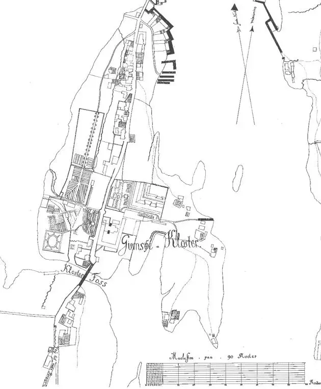 Kart over Klosterøya 1830 med hageparseller.