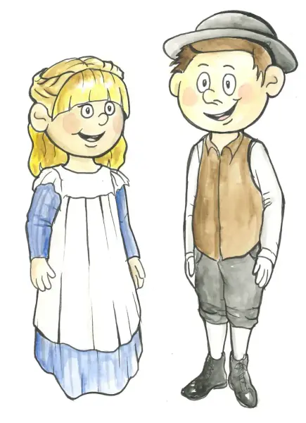 Tegning av Idun og Isak med klær med tilkytning til Lågdalsmuseet. 