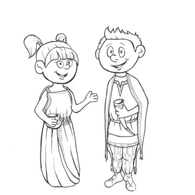 Tegning av barnefigurene Idun og Isak som er til å fargelegges