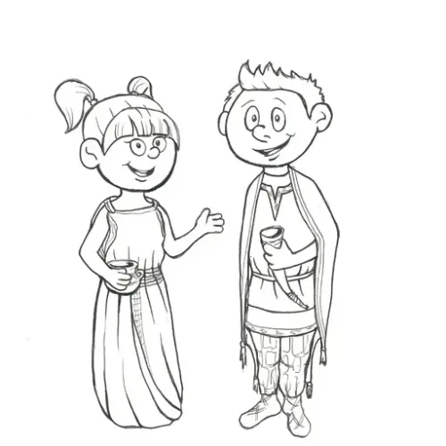 Tegning av barnefigurene Idun og Isak som er til å fargelegges