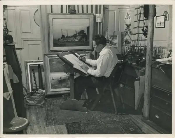 John A. Noble i sitt husbåtsatelier, 1948. Fotograf Frank Rino (New York Journal American), gjengitt med tillatelse fra The Noble Maritime Collection, USA