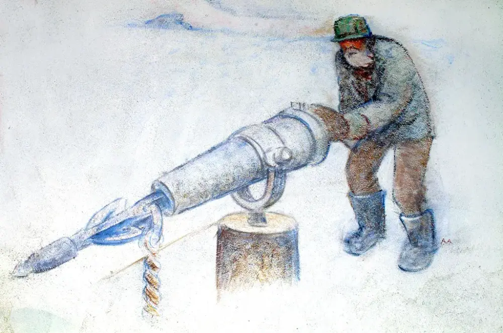 Maleri av hvalfangeren Sven Foyn. Han står til høyre i bildet med en harpun foran seg. Det er vinter og snø i bakgrunnen