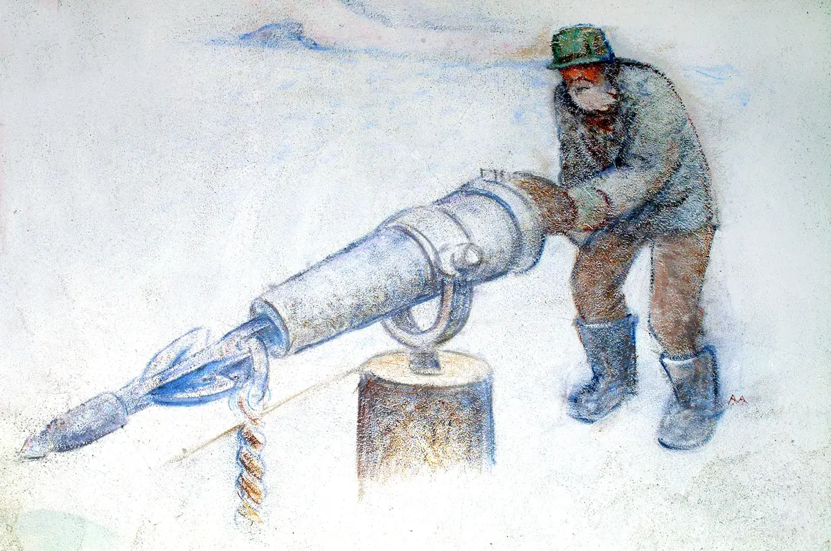 Maleri av hvalfangeren Sven Foyn. Han står til høyre i bildet med en harpun foran seg. Det er vinter og snø i bakgrunnen