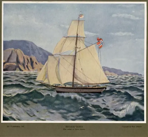 Gammelt maleri av sluppen Restauration, båten er ett stykke utenfor kysten i bakgrunnen
