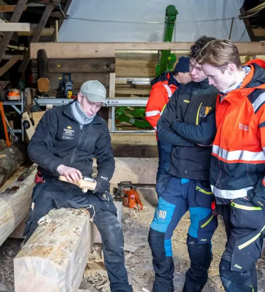 En ung mann sitter på en stamme og jobber med tre mens to unge menn står og ser på. Foto. 