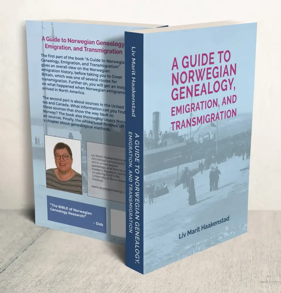 To bøker i blåtoner satt på høykant. Viser forsiden og baksiden på boka A Guide to Norwegian Genealogy av Liv Marit Haakenstad. Et portrett av forfatteren er å se på bokas bakside. 