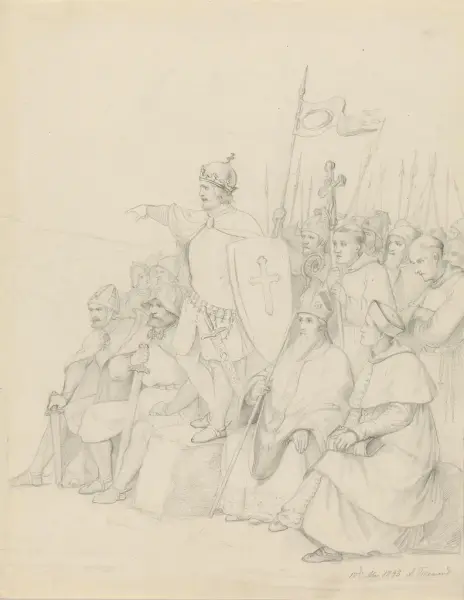 Olav den hellige omstyrter Torsbildet på Hundorp (utsnitt), Adolph Tidemand (1843)