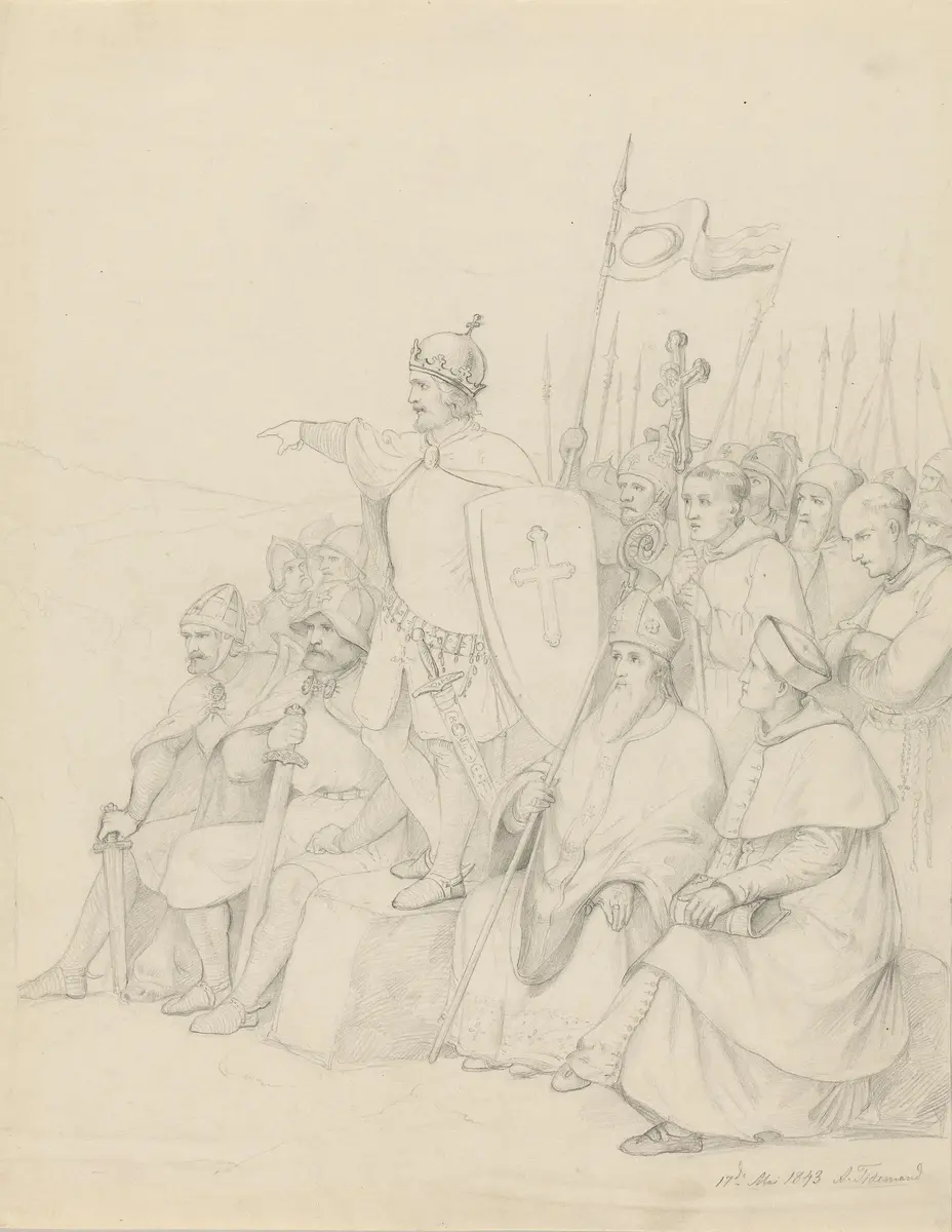 Olav den hellige omstyrter Torsbildet på Hundorp (utsnitt), Adolph Tidemand (1843)