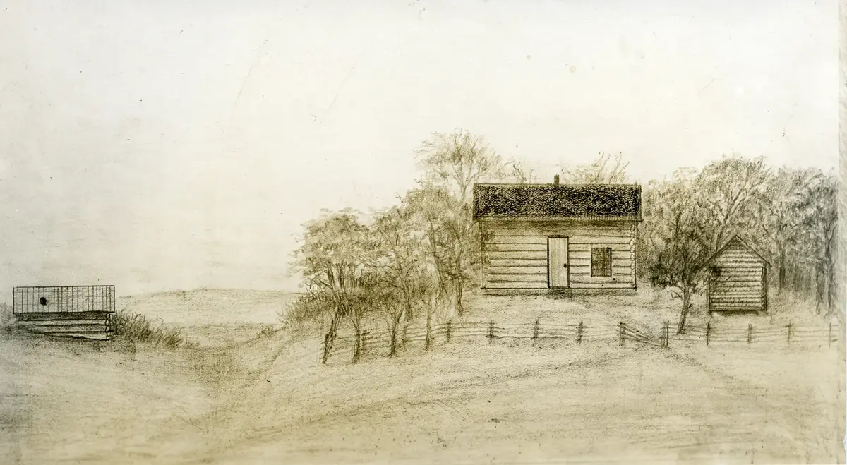 Tegning av et laftet fjøs, en stuebygning og uthus i Amerika. 