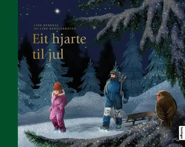 Framside av boka Eit hjarte til jul. Vintermotiv med snødekte tre, stjernehimmel, ein fugl og ein far og eit barn i juletreskogen. 