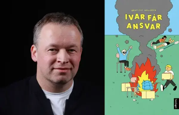 Collage med foto av Arnfinn Kolerud saman med omslaget av boka hans Ivar får avsvar