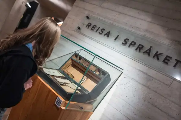 Ungdom som studerer ein monter med gjenstandar i Aasentunet.