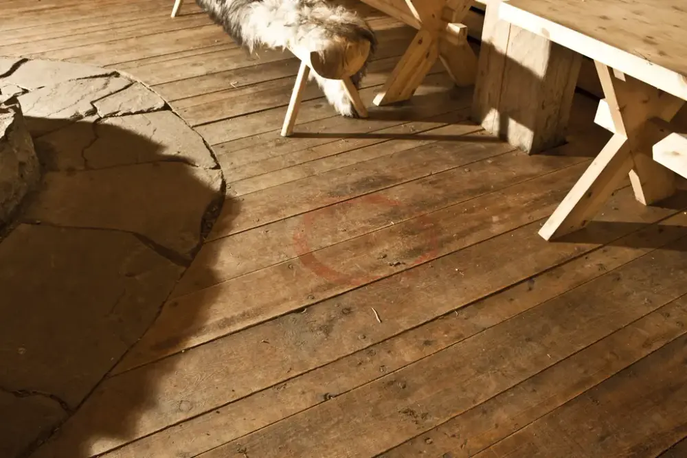 i treplankene på gulvet i langhuset er den tegnet inn en rød ring for å markere en grav