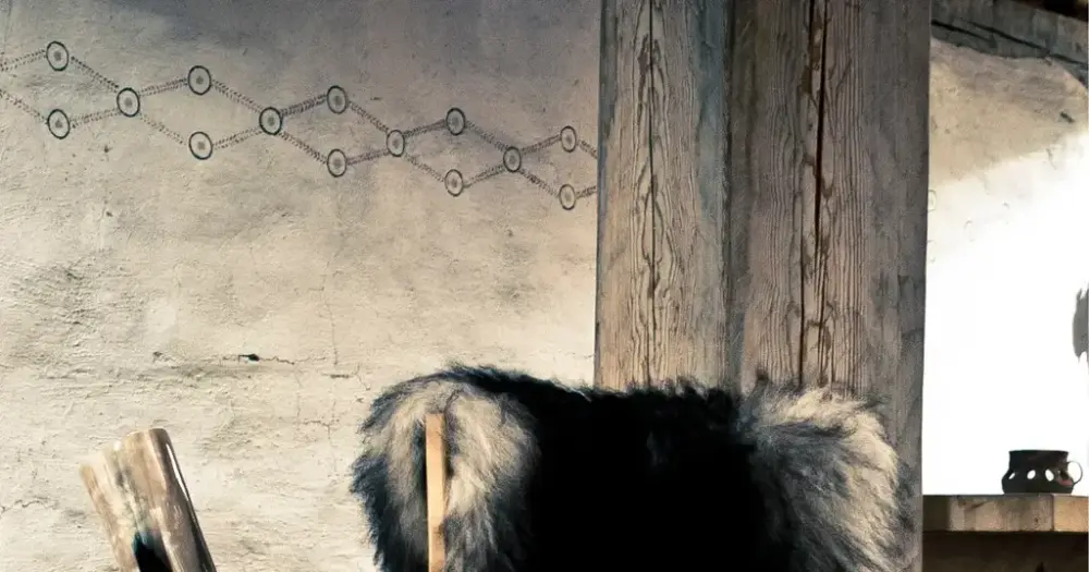 Inne i langhuset er det laget et mønster på den hvitkalkede veggen. Mønsteret er funnet på dekor på gjenstander, og kan også ha prydet veggene