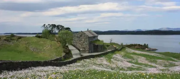 Vårbilde av informasjonsbygget til Lyngheisenteret på Lygra, i vakkert kystlandskap mot Lurefjorden, ved slåtteeng dekket av Engkarse