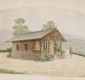 Maleri av Sæterhytten selskapslokale ved Bygdø Kongsgård.