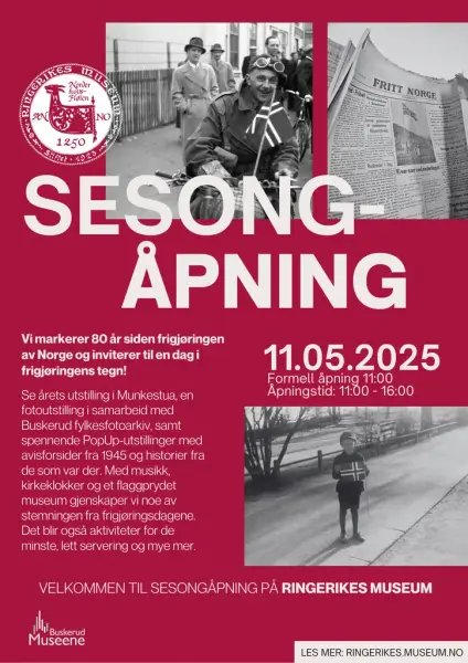 Plakat med tekst: Vi markerer 80 år siden frigjøringen av Norge og inviterer til en dag i frigjøringens tegn! Se årets utstilling i Munkestua, en fotoutstilling i samarbeid med Buskerud fylkesfotoarkiv, samt spennende PopUp-utstillinger med avisforsider fra 1945 og historier fra de som var der. Med musikk, kirkeklokker og et flaggprydet museum gjenskaper vi noe av stemningen fra frigjøringsdagene. Det blir også aktiviteter for de minste, lett servering og mye mer.